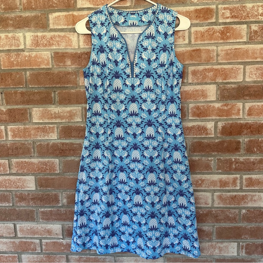 J. McLaughlin Catalina Cloth Pineapple Print Dress Women’s Small Blue Crochet